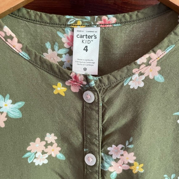 4 Flowy Viscose Woven Ruffle Hem Button-Up Blouse, Green w Pink Ditsy Floral - Picture 6 of 7